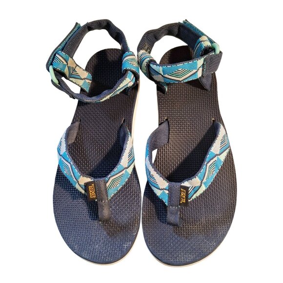 Teva Womens Size 9 Blue & Teal Geometric Pattern Adjustable Strap Sandals - Picture 1 of 6
